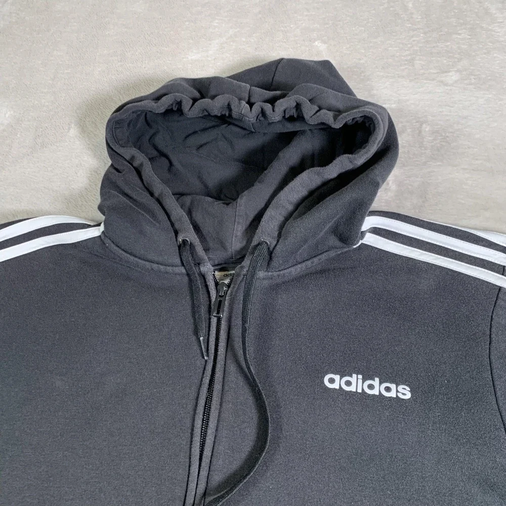 Adidas Hoodie Mens Large Black Full Zip 3-Stripes‎ Sweatshirt Jacket Pockets